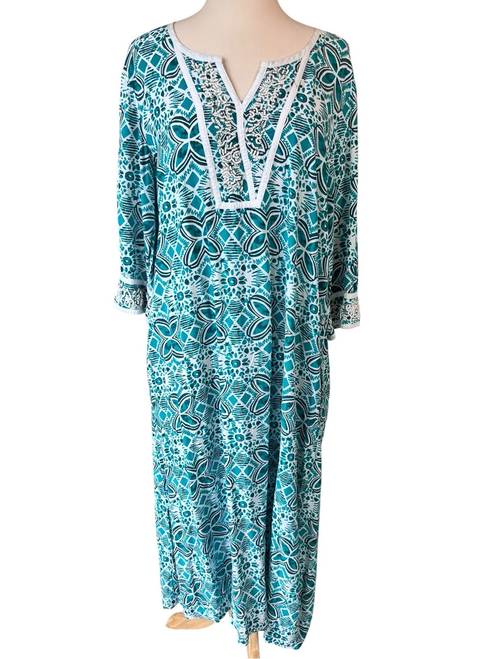Patio Casuals by‎ Cabernet Beaded Trim Maxi Dress Green Kaftan